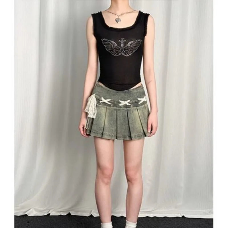 Hnewly  Bow Lace Up Blue Washed Denim Skirt for Women American Vintage Pleated A-line Skirts 2025 Summer New Faldas Sexy Mujer