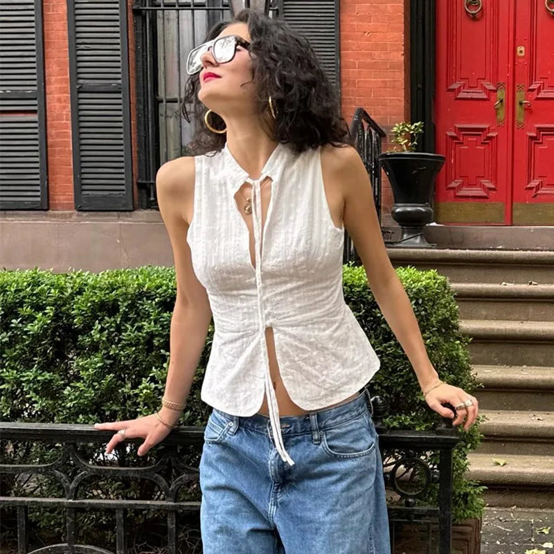 Hnewly y2k Tank Top Women Summer Clothes White Flower Embroidery Mock Neck Front Cutout Sleeveless T Shirt Vest Streetwear