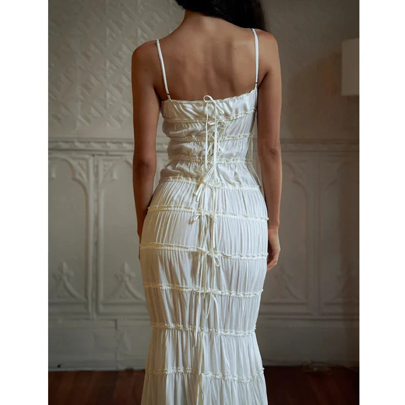 Hnewly   New Summer Chiffon Beige Solid Color Lace-ups Slim Slip Dress Ruffle Chic Party Beach Fashion Long Dress For Women