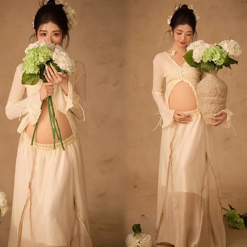 Hnewly  Women Photography Props Maternity White Elegant Pregant Split Top with Skirt Pregnancy Dresses Studio Photo Shoot Photo Clothes
