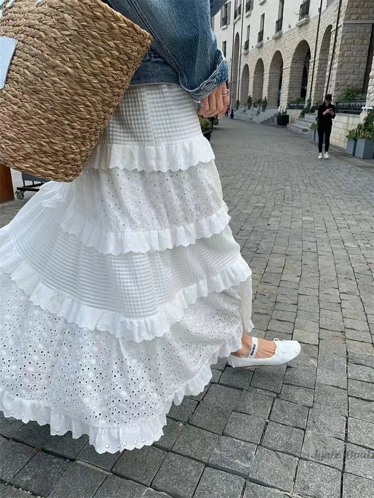 Hnewly   Hollow Lace Spliced White Long Skirt 2025 Spring Summer New Elastic Waist Cotton A-line Vacation Beach Boho Skirt