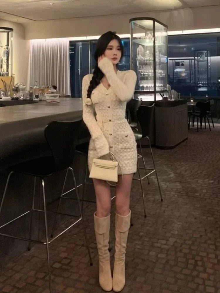 Hnewly DRESS TO IMPRESS French Elegant Slim Knitted Dress Short Party One Piece Dress Korean Fashion Winter Sexy Bodycon Y2k Mini Dress Woman Chic
