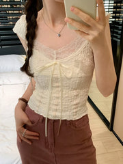 Hnewly Faionable Lace ort Sve V-Ne T-irt Women's Summer New Sle Korean Version Slim Fit Pure Color Moisture ng