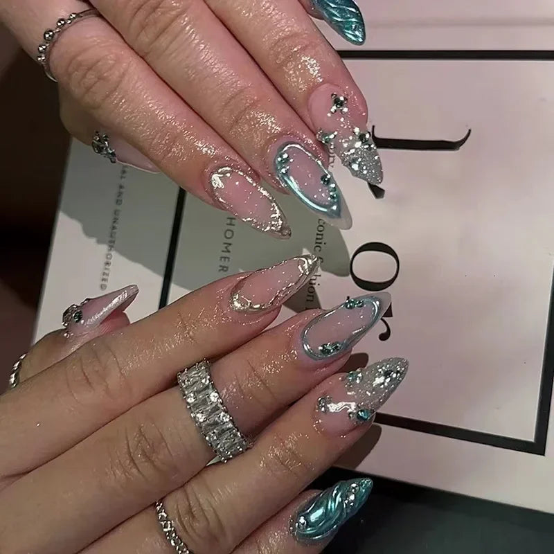 Hnewly 24Pcs Cat Eye Press on Nails with Almond Head Bow Diamond Stick on False Nail Sweet Pink French Full Cover Artificial Nails Tips