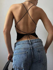 Hnewly Sexy Slim Backless Bandage Camis Top Slim Solid V-Neck Sleeveless Crop Tops Women 2024 Summer Fashion Streetweear Ladies