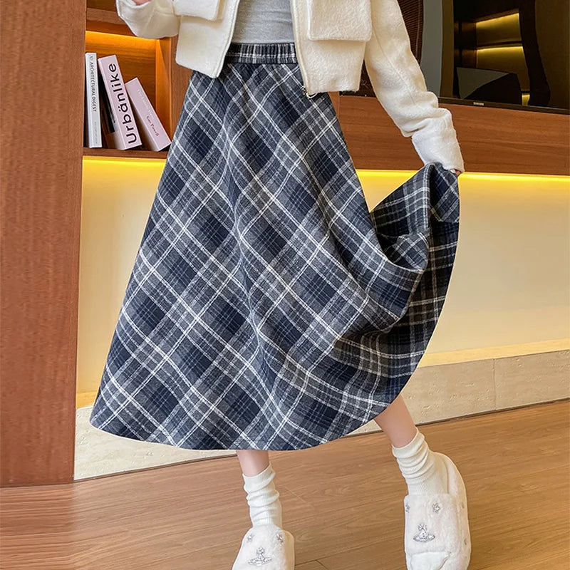 Hnewly  Autumn Winter Vintage Plaid Mid Skirt Women Koeran A-Line Elastic Waist Skirts Woman Comfortable High Waist Skirt Mujer