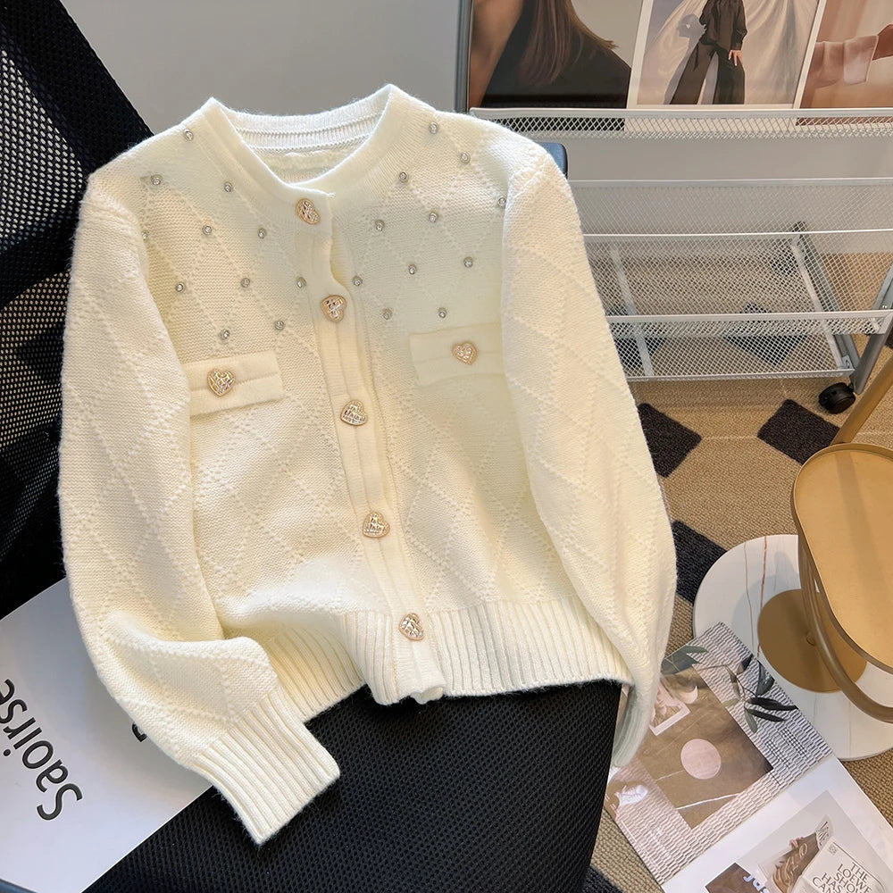 Hnewly  French Knitted Cardigan Sweater Luxury Diamond O-Neck Long Sleeve Top Women's Autumn Winter Korean Soft Comfort Coat