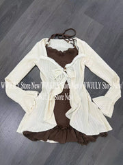 Hnewly American Style Vintage 2 Piece Set Spicy Girl Sexy Sleeveless Mini Dress + Knitted Ruffle Y2k Cardigan Korean Fashion Suit Woman
