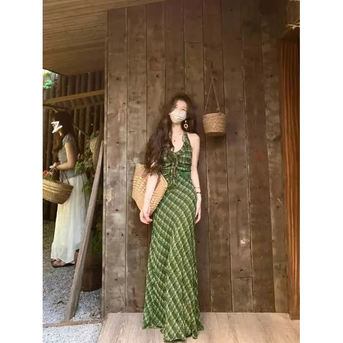 Hnewly  Retro Fresh Green Plaid Strapless Dress Women's New Gentle Elegantly Slimming Backless Long Dress V-neckline Polyester