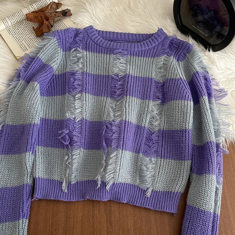 Hnewly  Loose Stripe Hole Knitted Sweater Women's 2025 Autumn Winter New Retro Japanese Short Pullover Tassel Versatile Tops