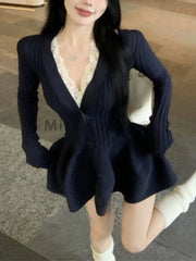 Hnewly DRESS TO IMPRESS Winter Korean Fashion V Neck Knit Dress Women Designer Sweet Slim Sweater Dresses Female Retro Solid Y2k Knitted Dress New