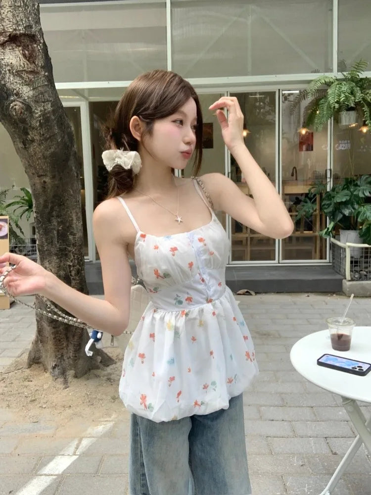 Hnewly  Woman Camis Floral Printed Slash Neck Summer Fashion Slim Sweet Elegant Female Casual Tank Tops French Style Chic