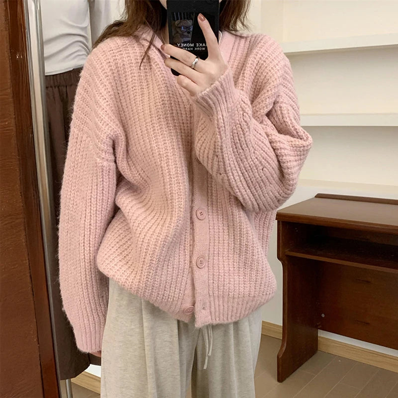 Hnewly  Hooded Cardigan Sweater for Women Morandi Pink Blue Button-Up Knitted Hoodie Jacket Autumn Winter Teen-girl Slouchy Knitwear