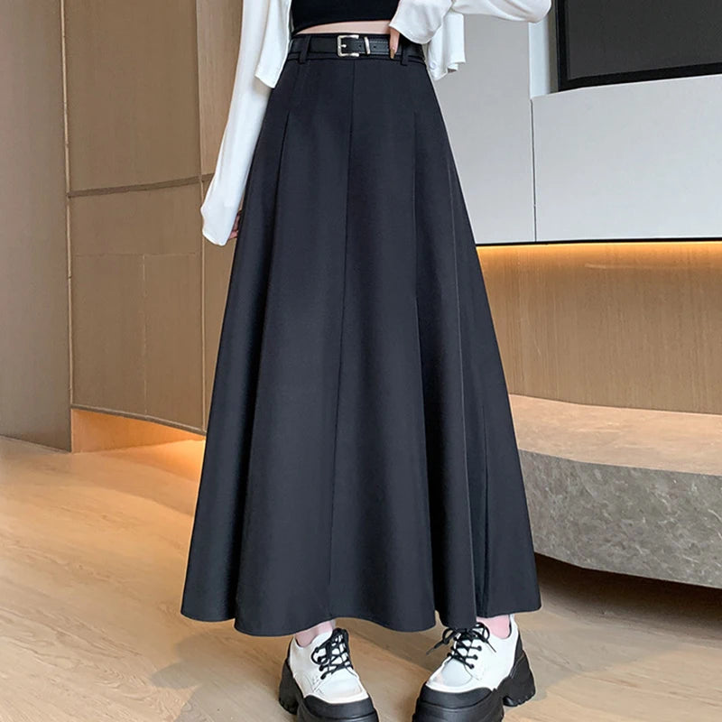Hnewly  Temperament High Waist Suit Skirts for Women Spring Autumn Solid Color Pleated Skirts Woman Casual A-Line Midi Skirts Lady