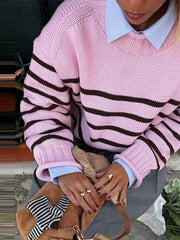 Hnewly  Casual Pink Striped Knit Sweater Women Loose O-neck Long Sleeve Female Pullovers Autumn Winter Lady All-match Warm Knitwear