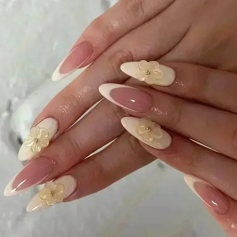Hnewly 24pcs Detachable Flower Almond bowknot French False Nails Stars Love Glitter Design Press on Nails Fake Nials DIY Manicure Nails