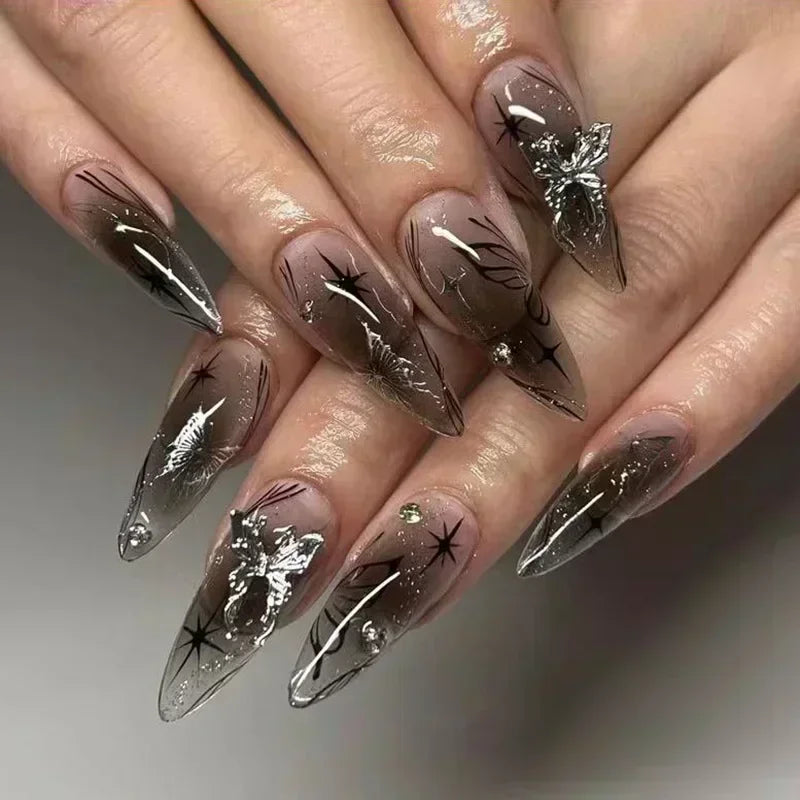 Hnewly 24Pcs French Almond False Nails Glitter with Rhinestones Wearable Fake Nails Artificial Simple Full Cover Press on Nails Tips
