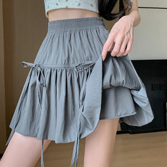 Hnewly  Sweet Bow Knot A-Line Short Skirt for Women Summer Thin Style High Waist Mini Skirt Woman Y2K Solid Color Fold Cake Skirt Female