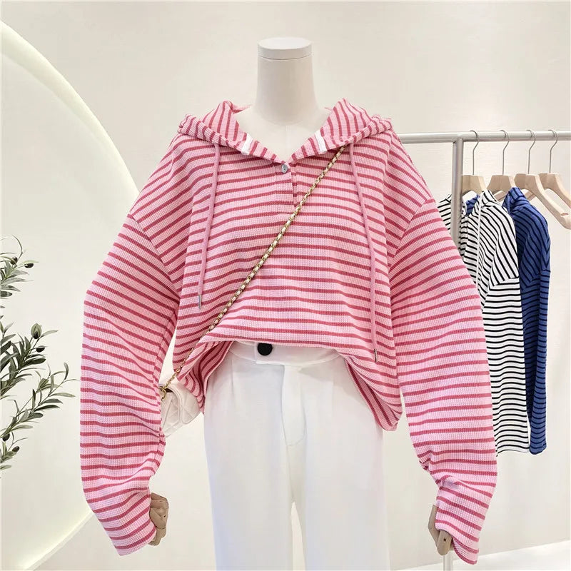 Hnewly  New Striped Hoodie Sweatshirt Women's Spring Autumn 2025 Fashion Preppy Style Retro Long Sleeve Top Loose Pullover Jacket