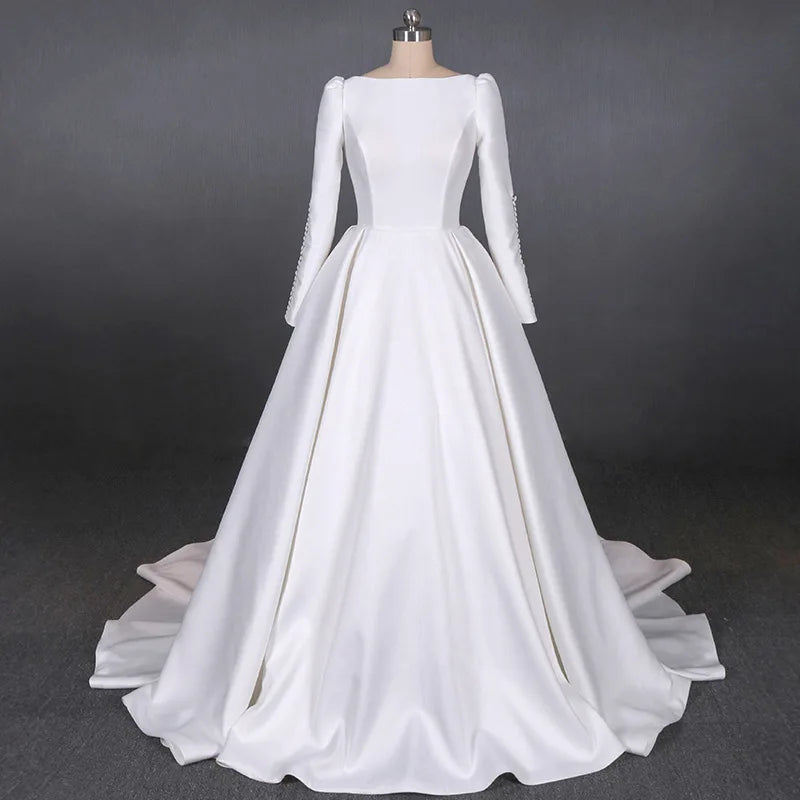 Hnewly  White Satin Dress Elegant Slimming Long Sleeved Sexy Backless Beautiful Satin Elegant Temperament Bride Wedding Customized