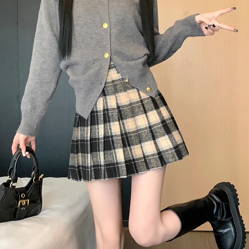 Hnewly Preppy Style Winter Plaid Vintage Pleated Mini Wool Skirt For Women High Waist Thicken Casual School Cute Short Skirt Female
