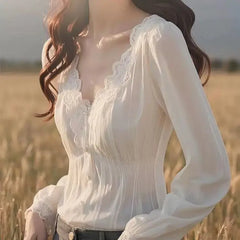 Hnewly  French Chic and Fashionable White Lace V-neck Shirt Spring