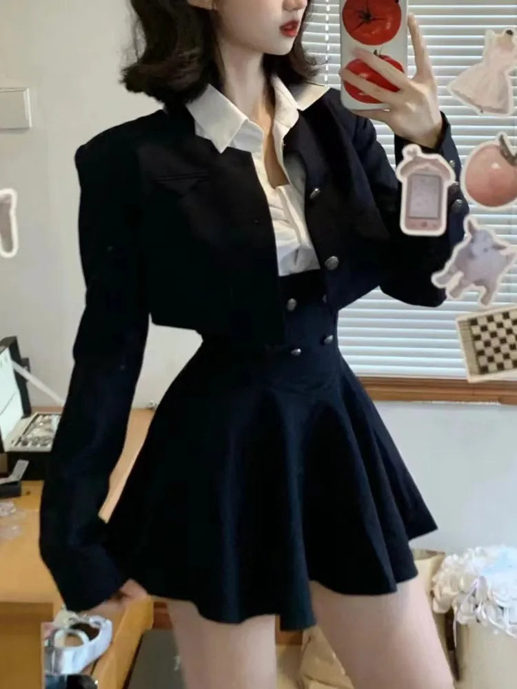 Hnewly 2025 spring fashion trend Korean Women Cropped Coat Long Sleeve Shirt High Waist Halter Ruffles Mini Dress Chic Fashion Sexy Outfits Y2K 3 Piece Set  New