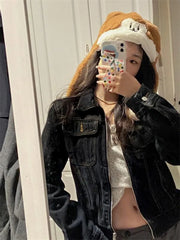 Hnewly  Zipper Jeans Solid Coats Streetwear Fashion All Match Ins Chaquetas Mujer Women Turn Down Collar Punk Vintage Denim Jackets