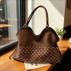 Polka Dot Suede Tote Bag Korean Leopard Print Letter Design, Women Large Capacity Drawstring Shoulder Bag Fashion Casual Handbag