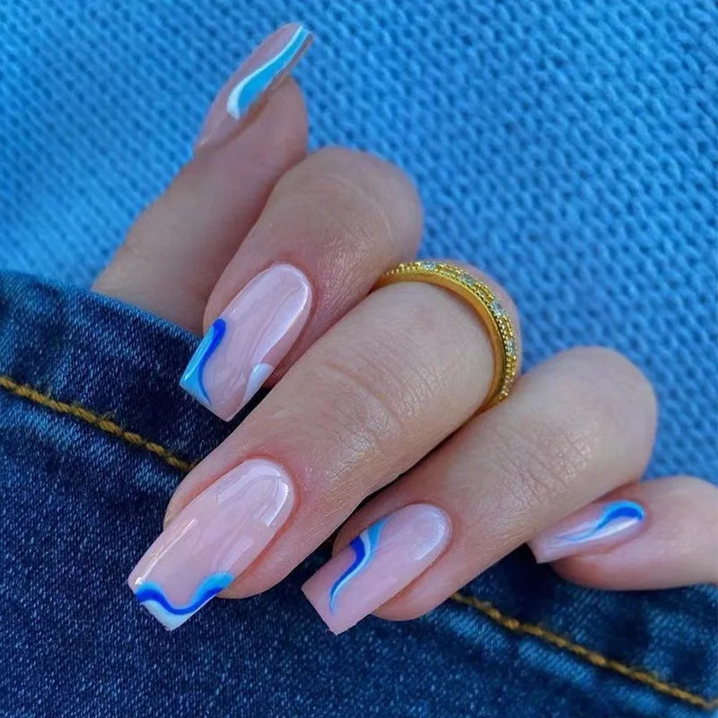 Hnewly 24Pcs Press On Nails Simple French Colorful Wavy Abstract Line Fake Nails Full Cover Nail Art Tips Coffin Square Head False Nail