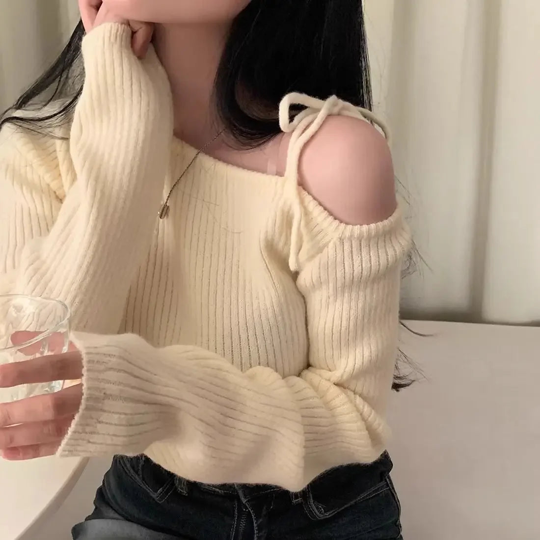Hnewly Slanted Collar Tied Irregular Pullover Women's Long Sleeved Knitted Tops Autumn Winter Korean Fashion Red Retro Sweaters