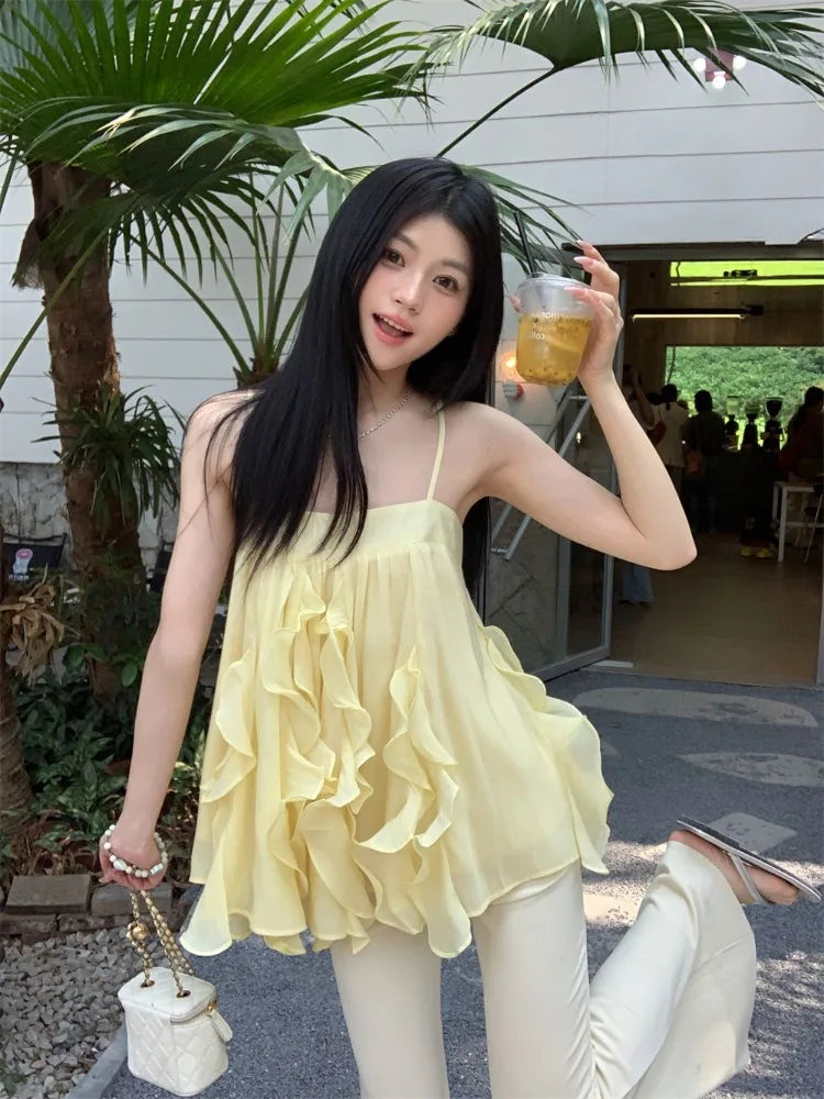 Hnewly  Camis Women Sweet Ruffles Patchwork Slash Neck Backless Summer Fashion Solid Tank Tops Female French Style Chic