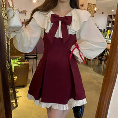 Hnewly Long Sleeve A-line Dress Women Princess Ruffles Bow Contrast Color Age-reducing Autumn Elegant Girlish Attractive Korean Style