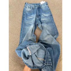 Hnewly  Vintage Classic American Denim Jeans for Women Retro High Waisted Wide Leg 1950s/1960s Inspired Jeans Washed Blue Pants
