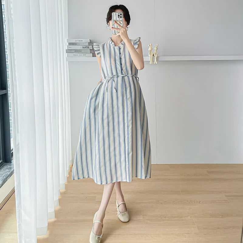 Hnewly  Pregnant Women's Dress Summer Drawstring O-neck Short Sleeved Printing Maternity Beach Dresses for Holiday