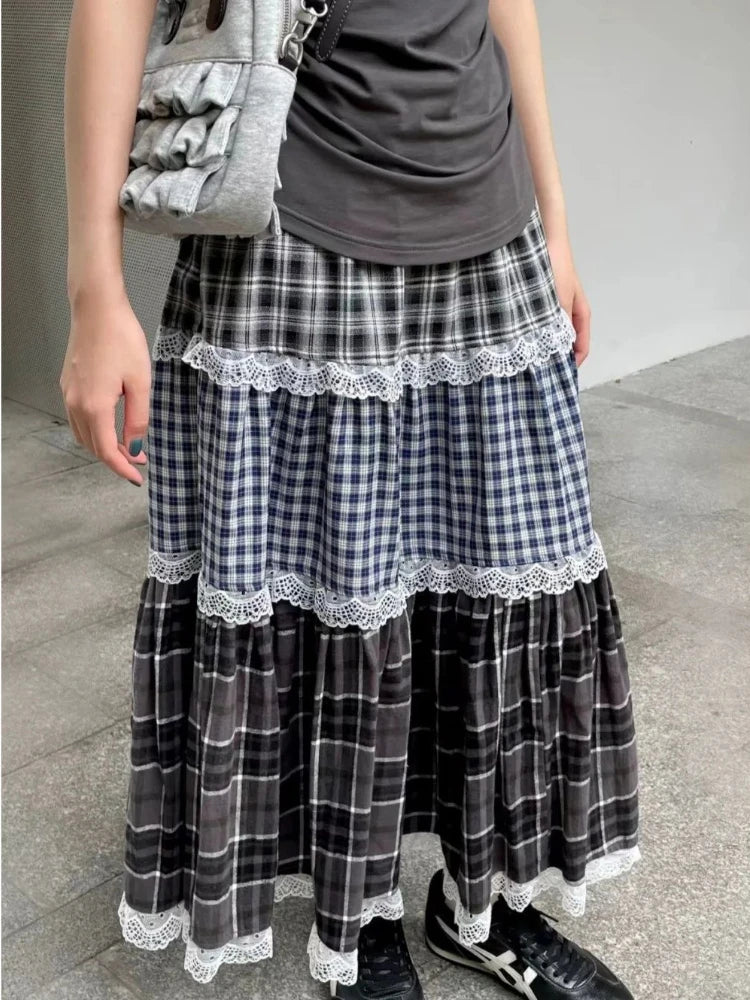 Hnewly Vintage Harajuku Lace Plaid Skirt Women Preppy Style Long Skirts Autumn Winter Streetwear Retro A-line Ruffle Skirts