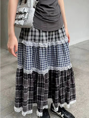 Hnewly Vintage Harajuku Lace Plaid Skirt Women Preppy Style Long Skirts Autumn Winter Streetwear Retro A-line Ruffle Skirts