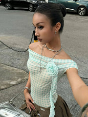 Hnewly Plaid Print Applique Tops Women Mesh See Through Off Shoulder Backless Tassel Hot Girls Street Fashion Trend T-Shirts
