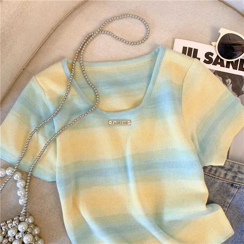 Hnewly  Contrast Striped T-shirt For Women's Summer Knitted Short Sleeved Tee  Cool Girls Fashion High Street Square Collar Short Top