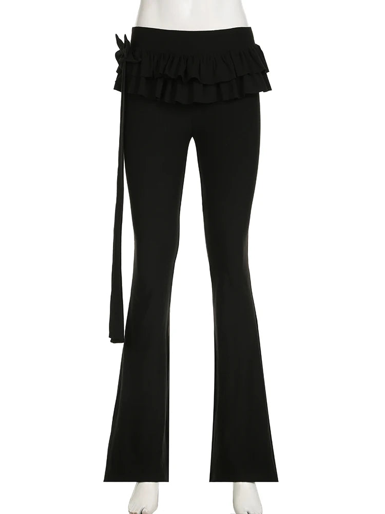 Hnewly Black Lace Up Ruffled Skirt Pants Low Waist Women Coquette Y2K Streetwear Wide Leg Trouser Fashion Flare Pants Harajuku