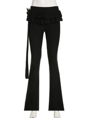 Hnewly Black Lace Up Ruffled Skirt Pants Low Waist Women Coquette Y2K Streetwear Wide Leg Trouser Fashion Flare Pants Harajuku