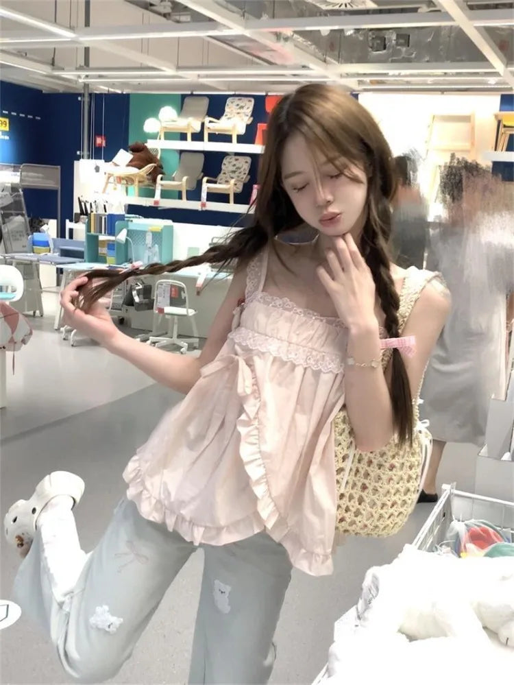 Hnewly  Sweet Pink Lace Patchwork Camisole Vest Y2k Loose Sleeveless Top for Women 2025 Summer New All-match Casual Tank Top