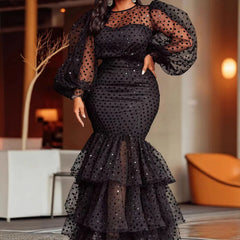 Hnewly  Sexy Large Size Bubble Flocking Polka Dot Dress Cross-Border Women's Fashion Autumn Winter New Arrival Elegant Commute Style
