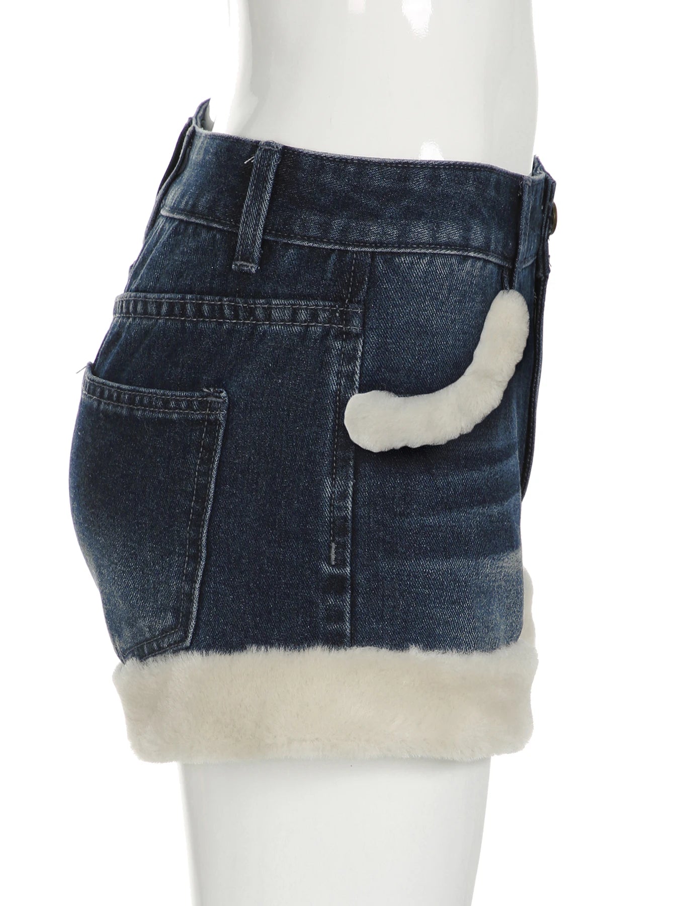 Hnewly Casual Sweet Fur Trim Denim Shorts Korean Style Cute Basic Slim Low-Waisted Shorts Women Winter Fashion Streetwear