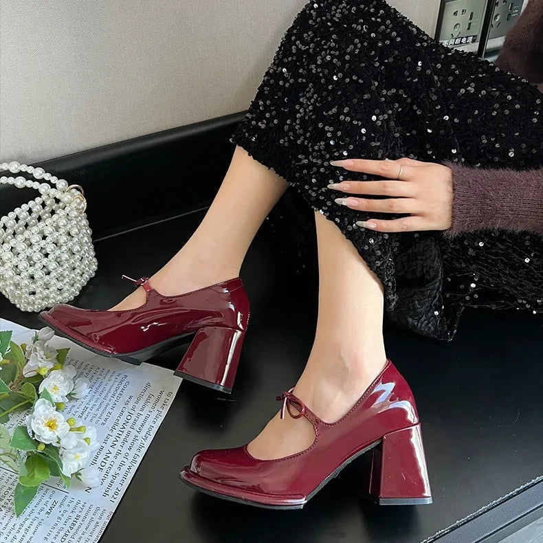 Hnewly New Fashion Bowknot Shallow Soft Sole Dress Shoes for Women High Heeled Mary Jane Single Shoes Ladies Thick Heel Ballet Shoes