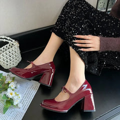 Hnewly New Fashion Bowknot Shallow Soft Sole Dress Shoes for Women High Heeled Mary Jane Single Shoes Ladies Thick Heel Ballet Shoes