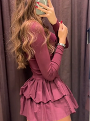 Hnewly  Ruffled Hem Solid Women Dresses Elegant Long Sleeve High Waist O-neck Lady Mini Dress Spring Chic Street Party Female Robes