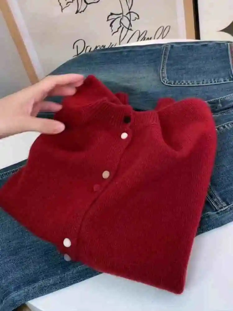 Hnewly  Solid Single Breasted Sweater Women New Autumn  Winter O-neck Loose Basic Top Elegant Long Sleeved Knitted Cardigan Jacket