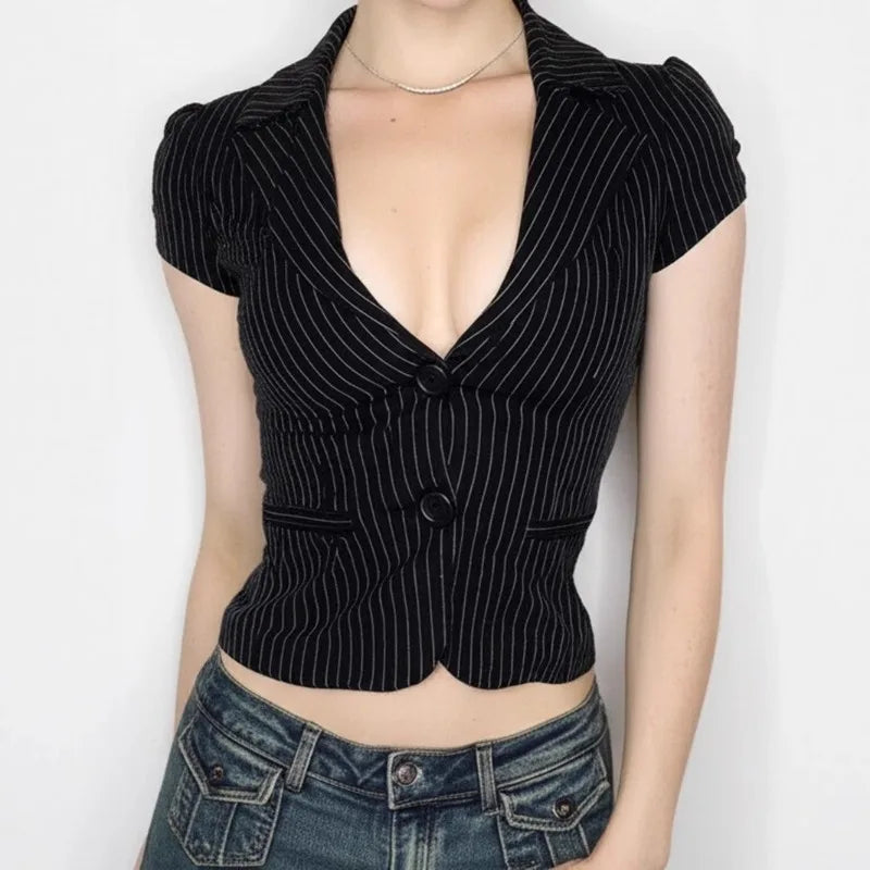 Hnewly  American Sexy V-neck All-match Striped Shirt Women New Slim Waist Blouses Summer Short Sleeve Black Blusas De Mujer
