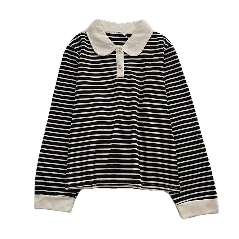 Hnewly  Classic Black White Striped Sweatshirts Casual Loose Turn-down Collar  Women's Spring 2025 New Korean Long Sleeve T-shirt Top
